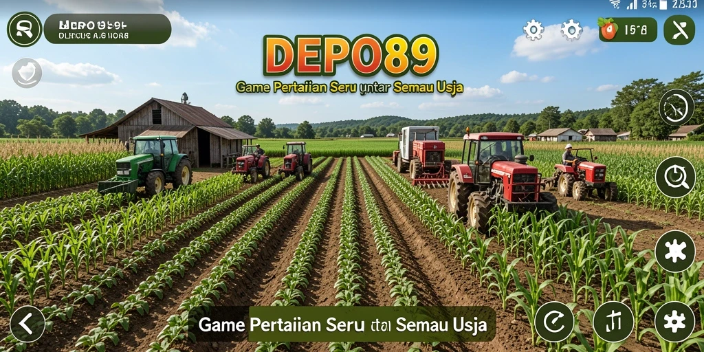 Tampilan gameplay DEPO89 dengan lahan pertanian yang subur dan beragam tanaman.