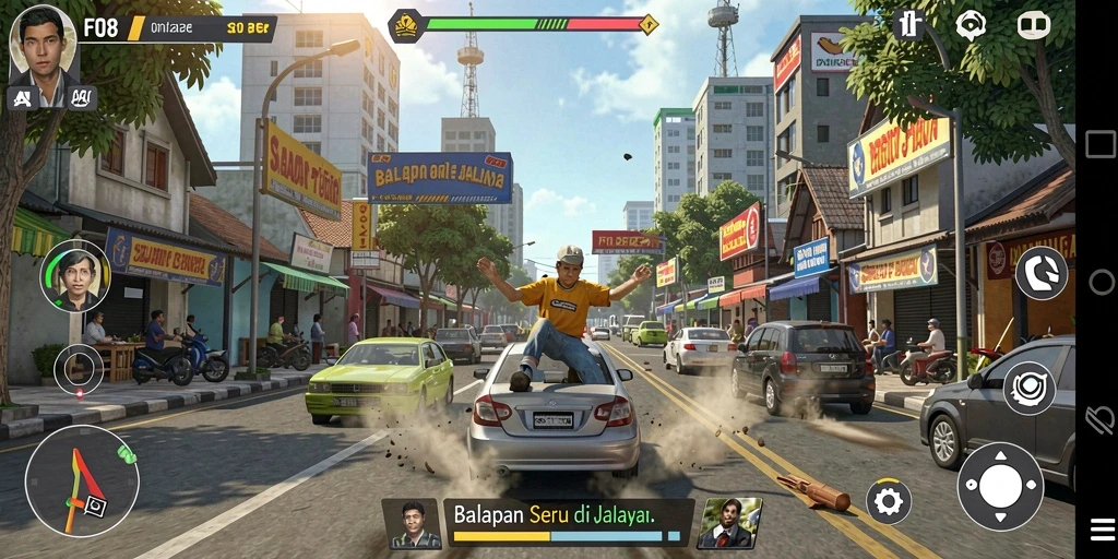 Screenshot gameplay FO8 menampilkan balapan yang intens dan kendaraan yang keren.