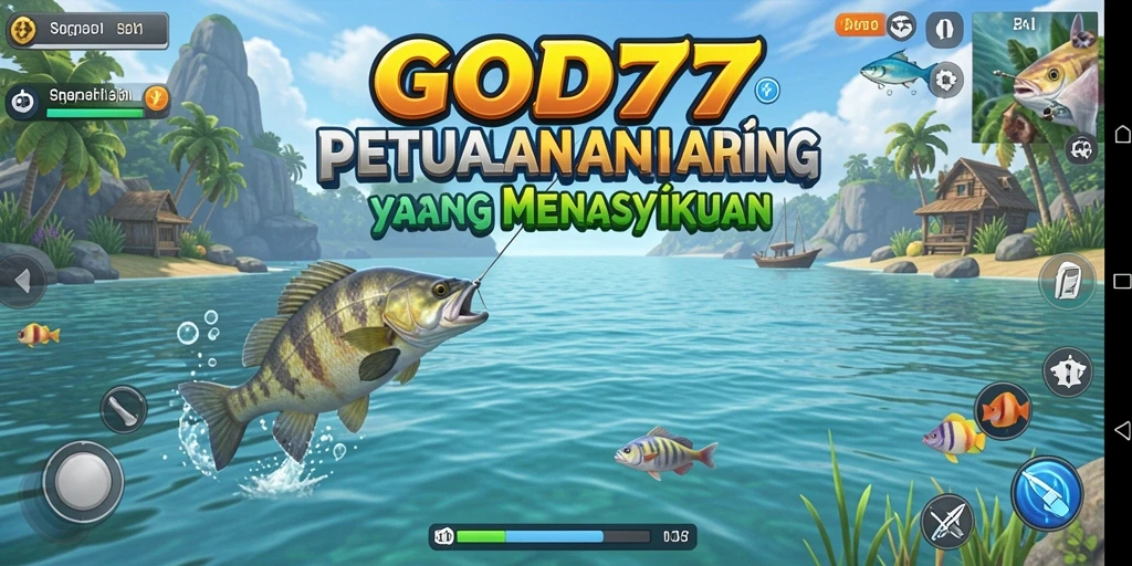 Screenshot utama GOD77 menunjukkan gameplay memancing yang menawan.