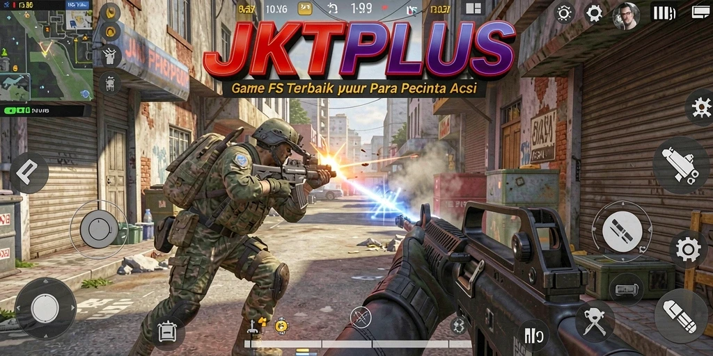 Tampilan gameplay JKTPLUS dengan aksi menegangkan di medan perang FPS.