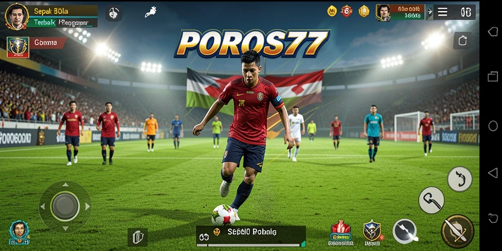 Gameplay POROS77 menampilkan aksi seru di lapangan sepak bola.