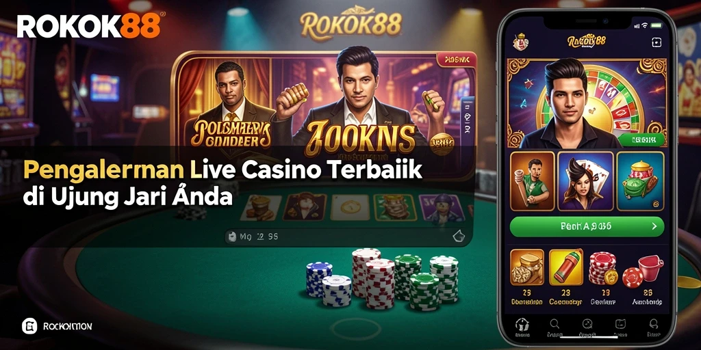 Screenshot gameplay ROKOK88 menunjukkan dealer yang ramah dan suasana kasino yang hidup.